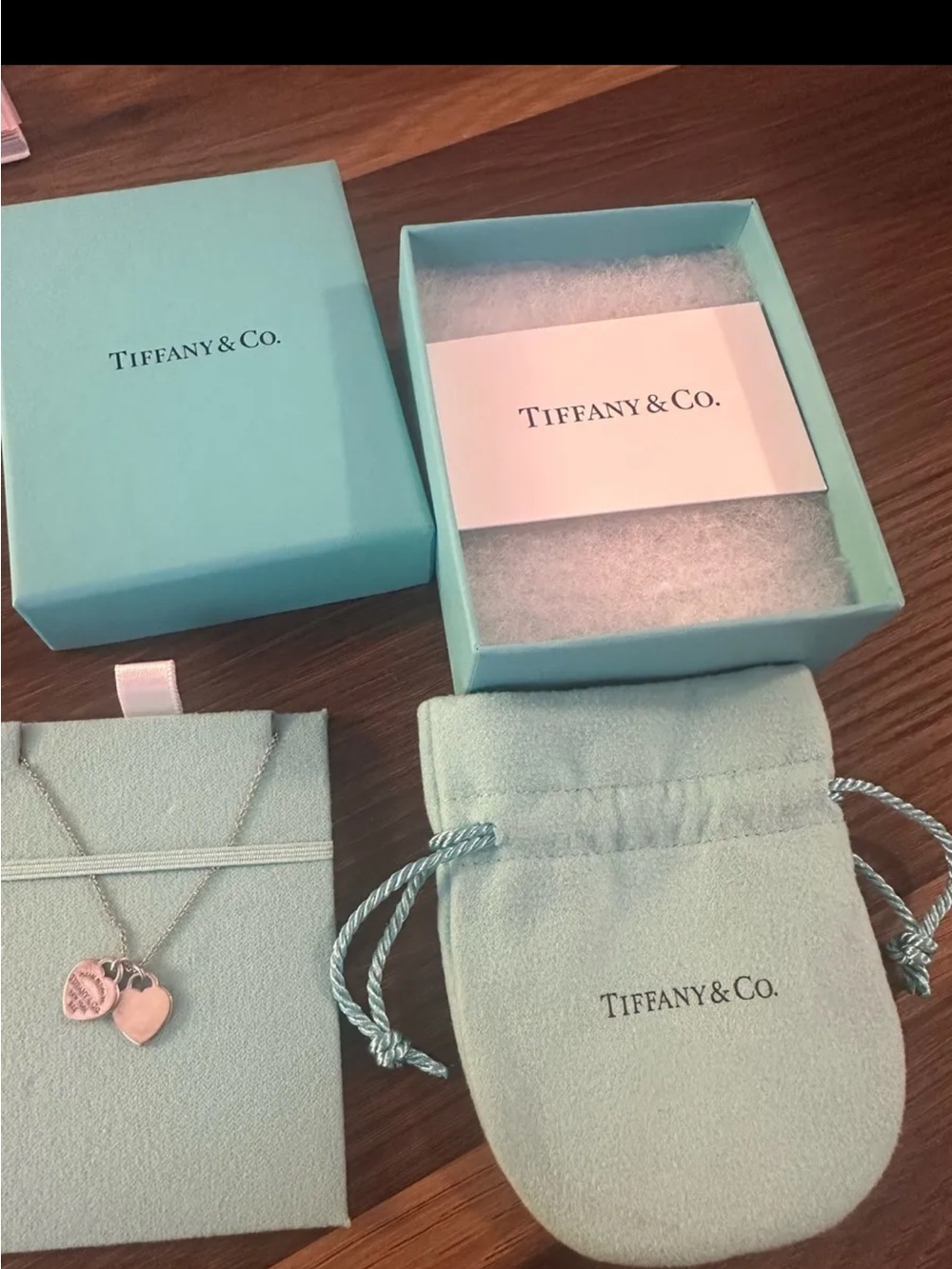 Tiffany & Co. Silver Heart Double-Tag Necklace with Tiffany Blue Pouch